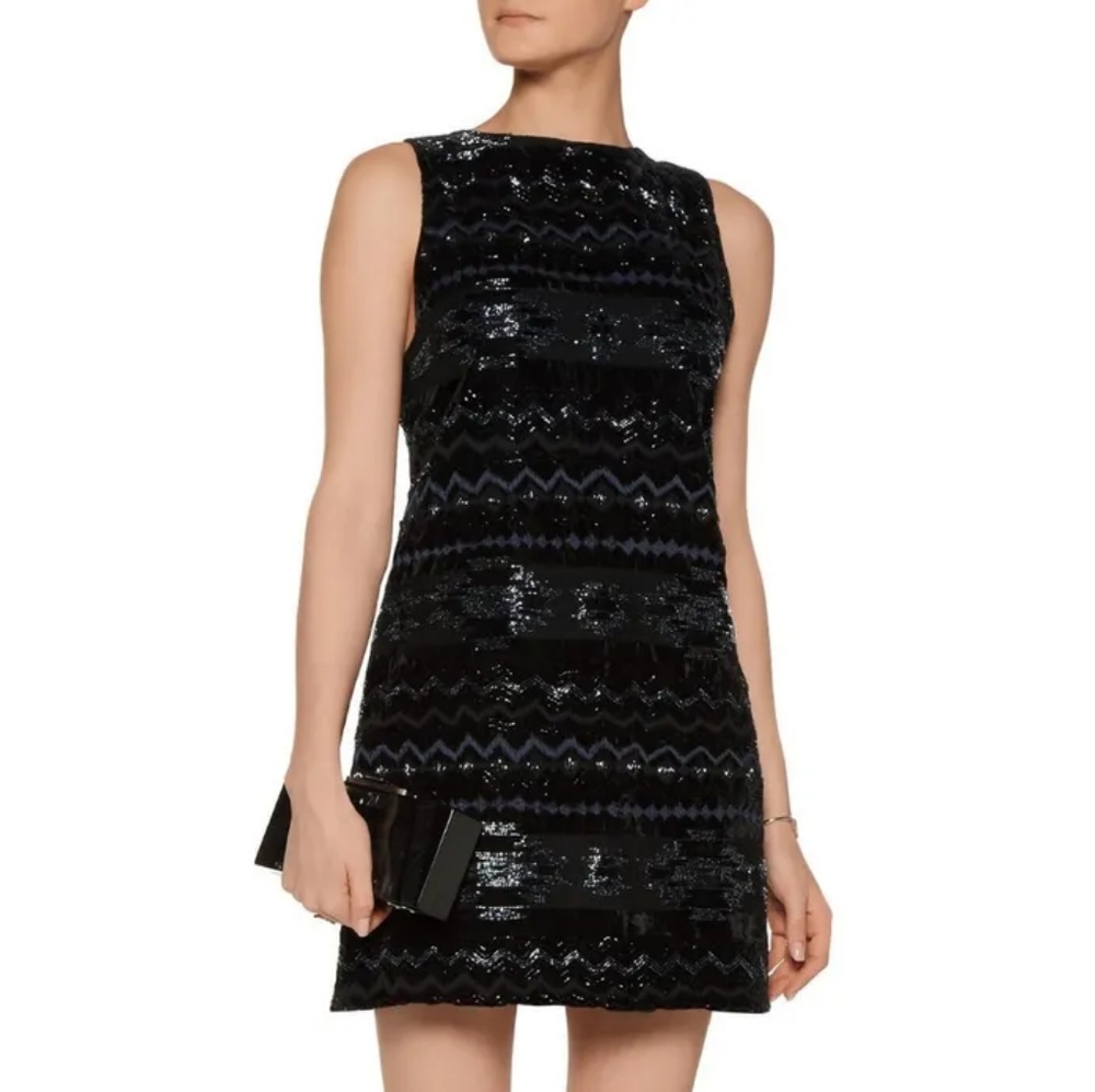 Alice + Olivia Black and Navy embellished beaded velvet shift dress